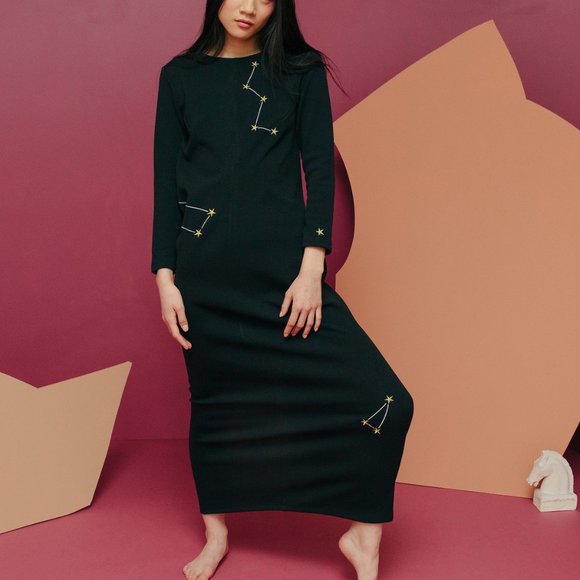 NEW Samantha Pleet Black Long Sleeve Star Constellation Embroidered Maxi Dress - Picture 6 of 10